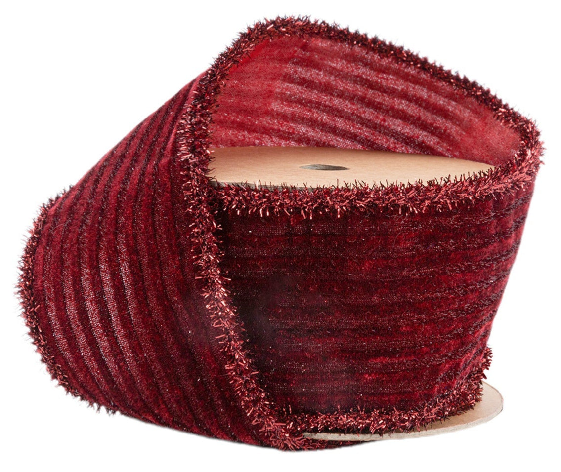 7253W-277-63E | 2.5" | Velvet Ribbon | Burgundy Stripe w/Burgundy Tinsel Edging | 10yds