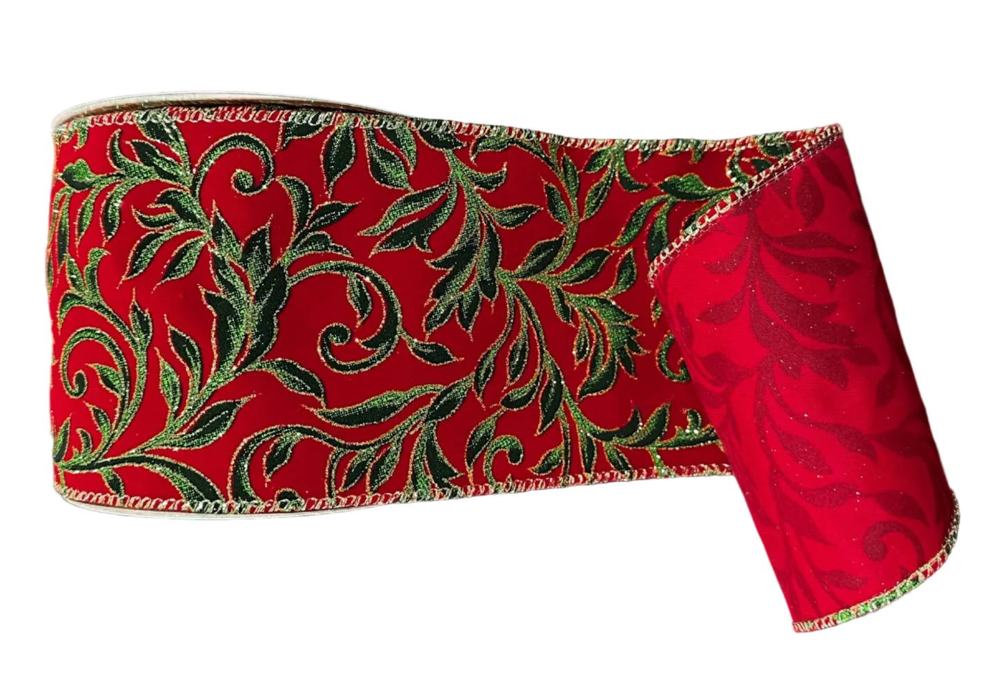 72555-04-12 | 4" | RED VELVET W/HUNTER GREEN VINE SWIRLS | 10YDS