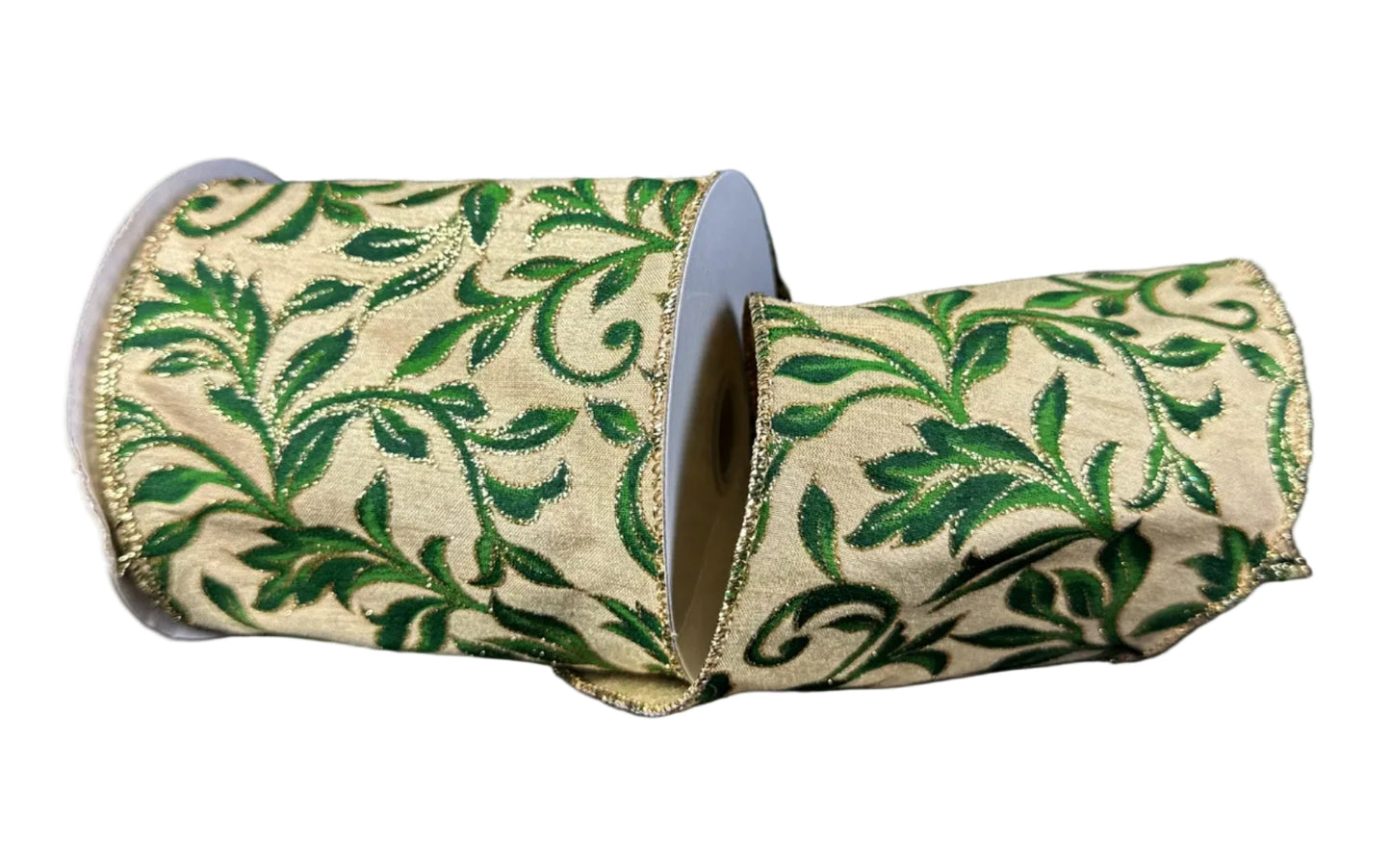 72616-04-15 | 4" | GOLD DUPIONI W/DARK GREEN VINE SWIRLS | 10YDS