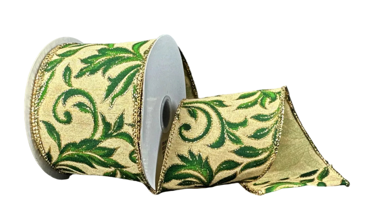 72616-40-15 | 2.5" | GOLD DUPIONI W/DARK GREEN VINE SWIRLS | 10YDS