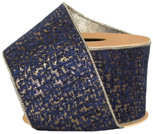 7310W-365-100E | 4" | BLUE/GOLD METALLIC | DOUBLE-FUSED WIRED JACQUARD RIBBON | 10YDS