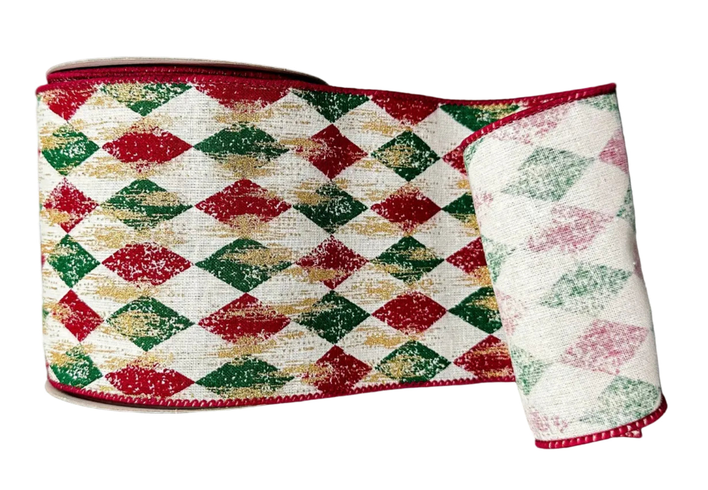 73523-04-17 | 4" | RED/GREEN FADED HARLIQUIN W/METALLIC GOLD ON CREAM CANVAS | 10YDS