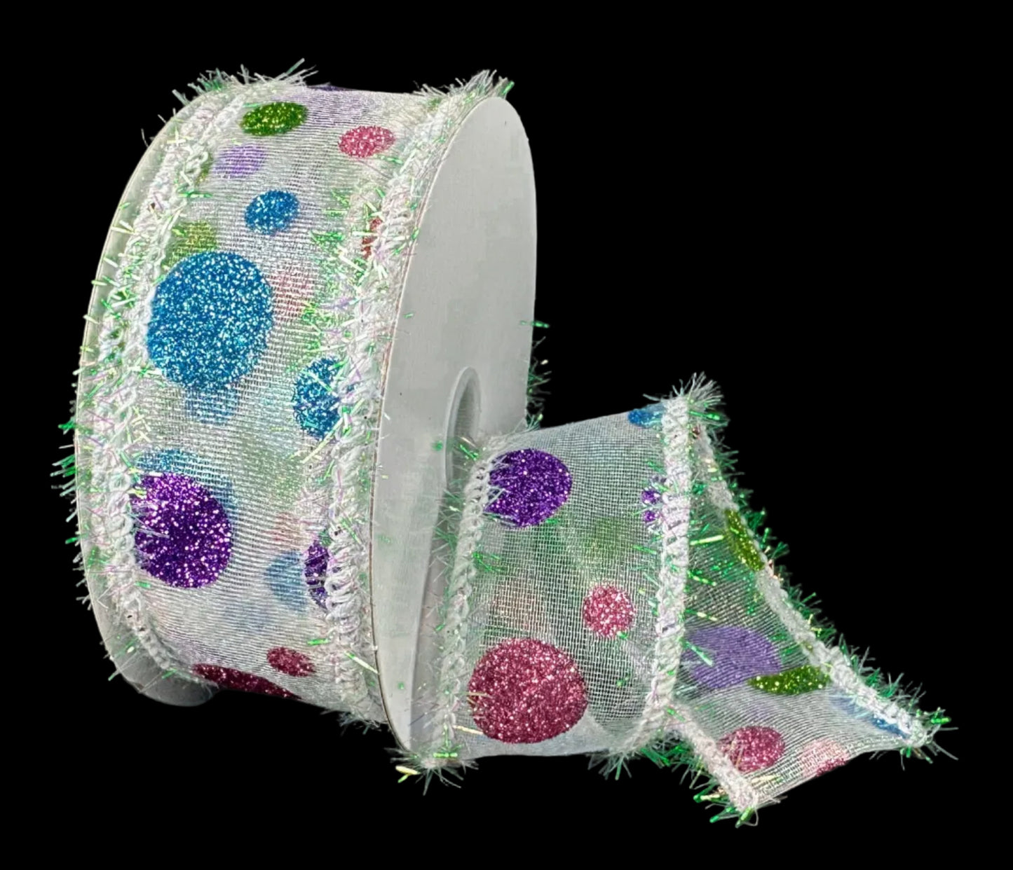 73577-09-01 | 1.5" | MULTI COLOR DOTS ON WHITE IRIDESCENT SHEER | 10YDS