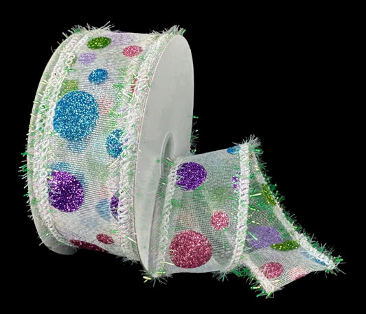 73577-09-01 | 1.5" | MULTI COLOR DOTS ON WHITE IRIDESCENT SHEER | 10YDS
