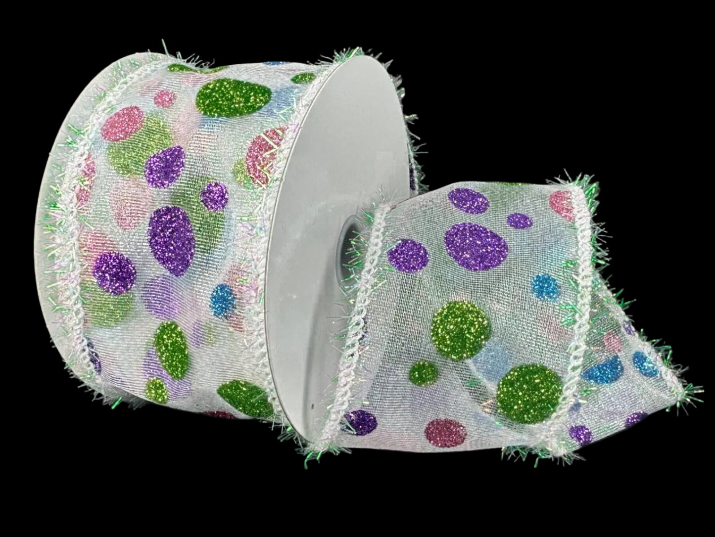 73577-40-01 | 2.5" | MULTI COLOR DOTS ON WHITE IRIDESCENT SHEER | 10YDS