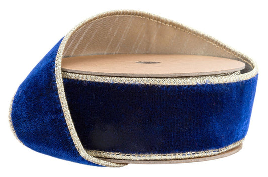 7416W-329-38E | 1.5" | Premium Velvet Ribbon | Royal Blue w/Gold Dupioni-Fused Backing | 10yds