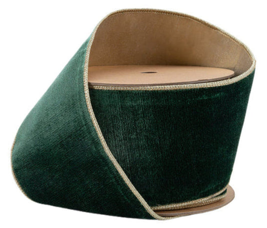 7416W-587-100E | 4" | Premium Velvet Ribbon | Dark Green w/Gold Metallic Backing | 10yds