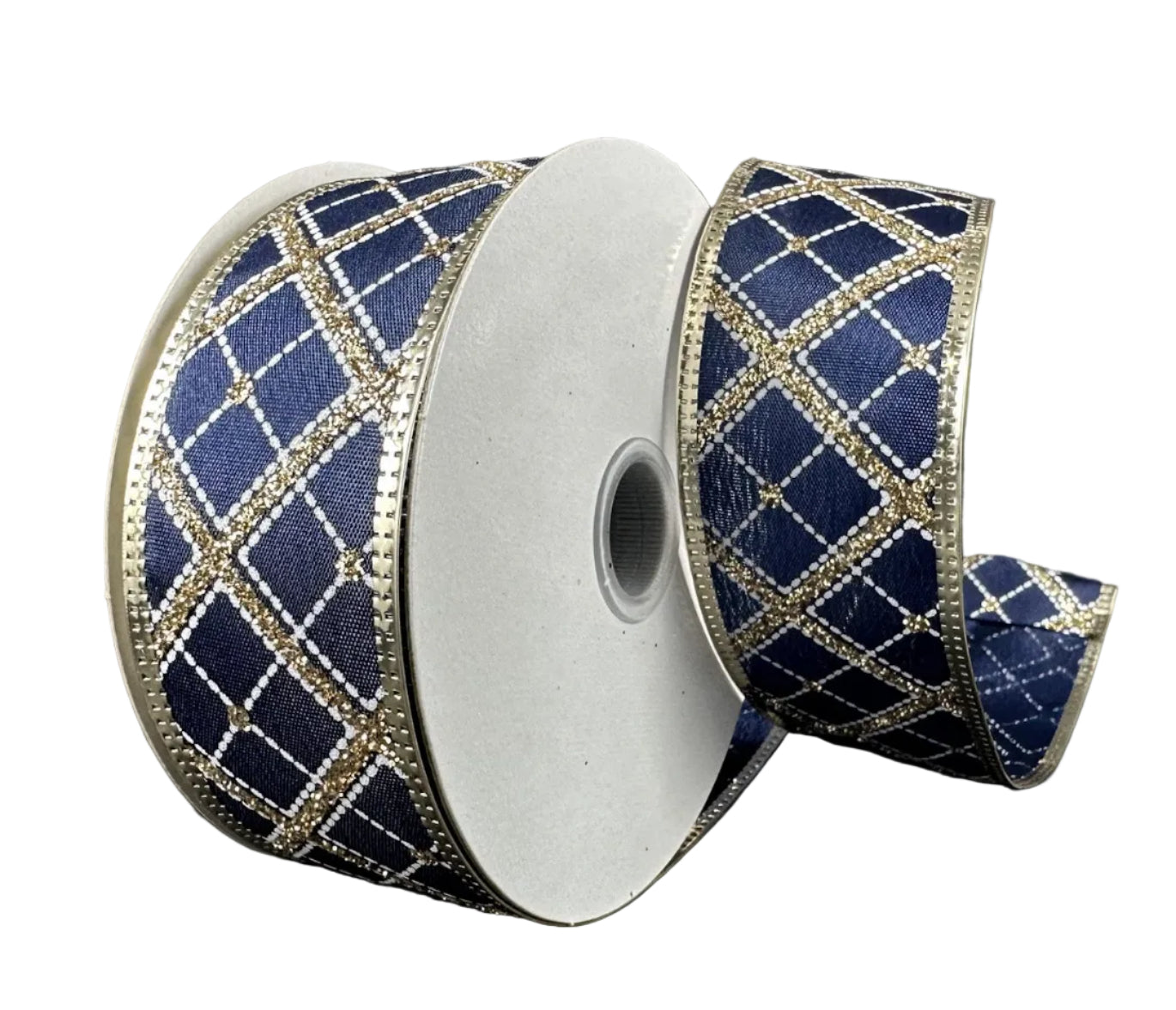76341-09-14 | 1.5" | GOLD-WHITE CROSS DIAGONAL STRIPE ON NAVY SATIN W/METALLIC EGDE | 10YDS