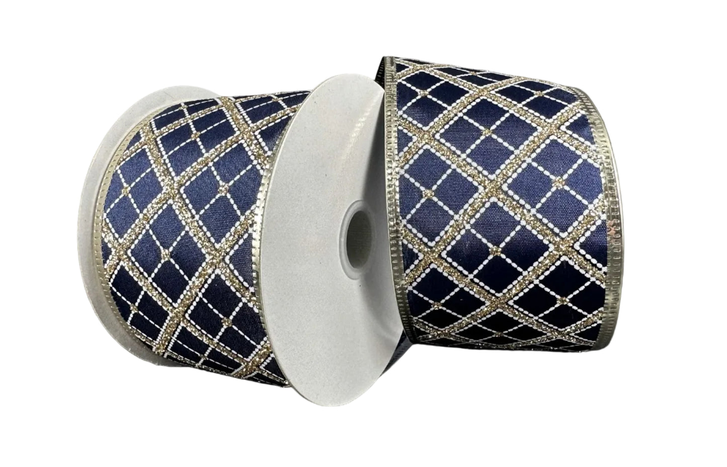 76341-40-14 | 2.5" | GOLD-WHITE CROSS DIAGONAL STRIPE ON NAVY SATIN W/METALLIC EGDE | 10YDS