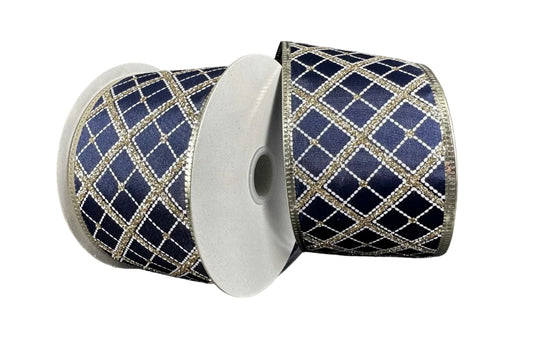 76341-40-14 | 2.5" | GOLD-WHITE CROSS DIAGONAL STRIPE ON NAVY SATIN W/METALLIC EGDE | 10YDS