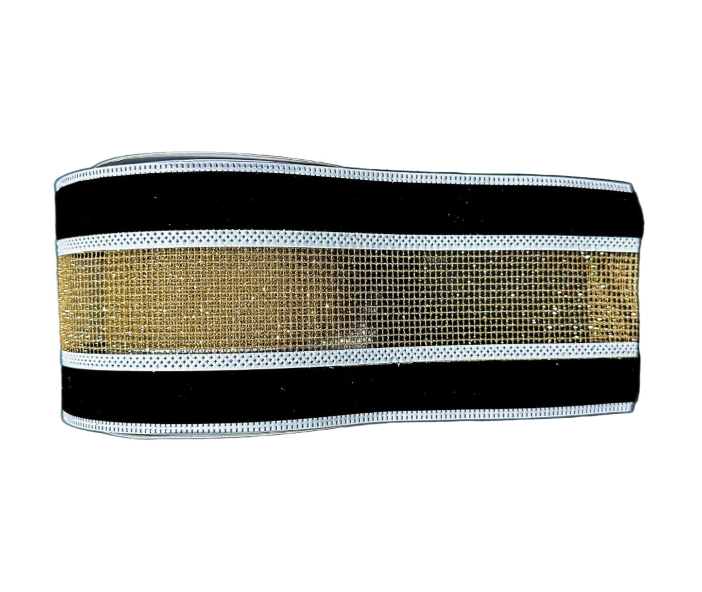76576-04-21 | 4" | GLITTER GOLD NET ON BLACK VELVER W/WHITE EDGE | 10YDS