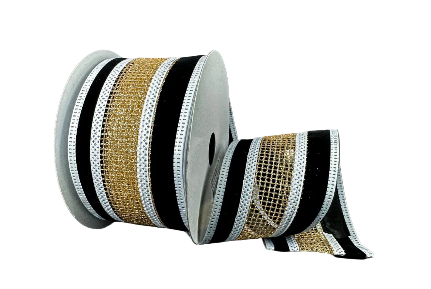 76576-40-21 | 2.5" | GLITTER GOLD NET ON BLACK VELVER W/WHITE EDGE | 10YDS