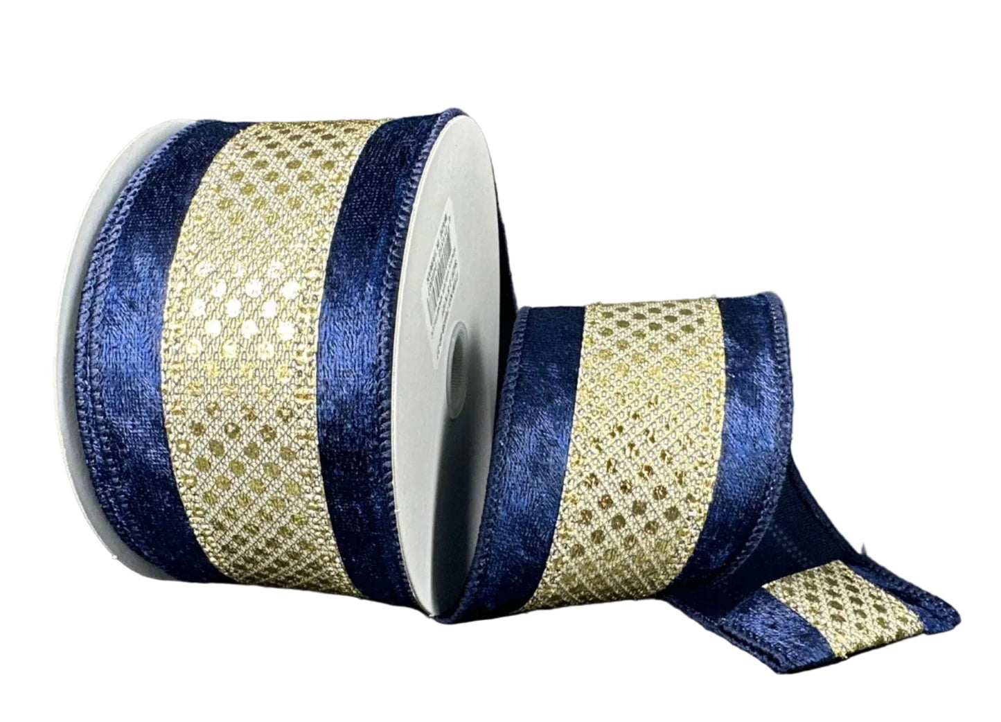 76638-40-27 | 2.5" | GOLD DRAGONSCALE DOTS W/NAVY VELVET EDGE | 10YDS