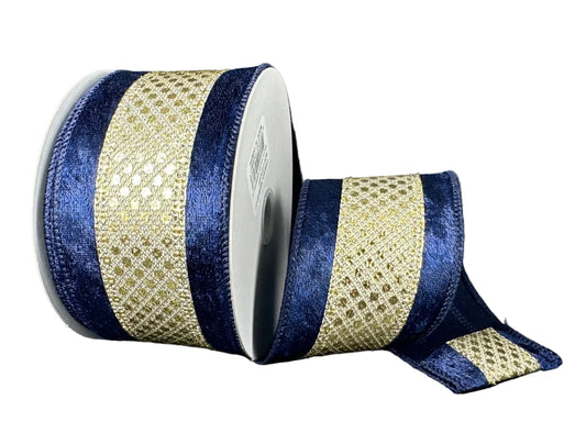 76638-40-27 | 2.5" | GOLD DRAGONSCALE DOTS W/NAVY VELVET EDGE | 10YDS