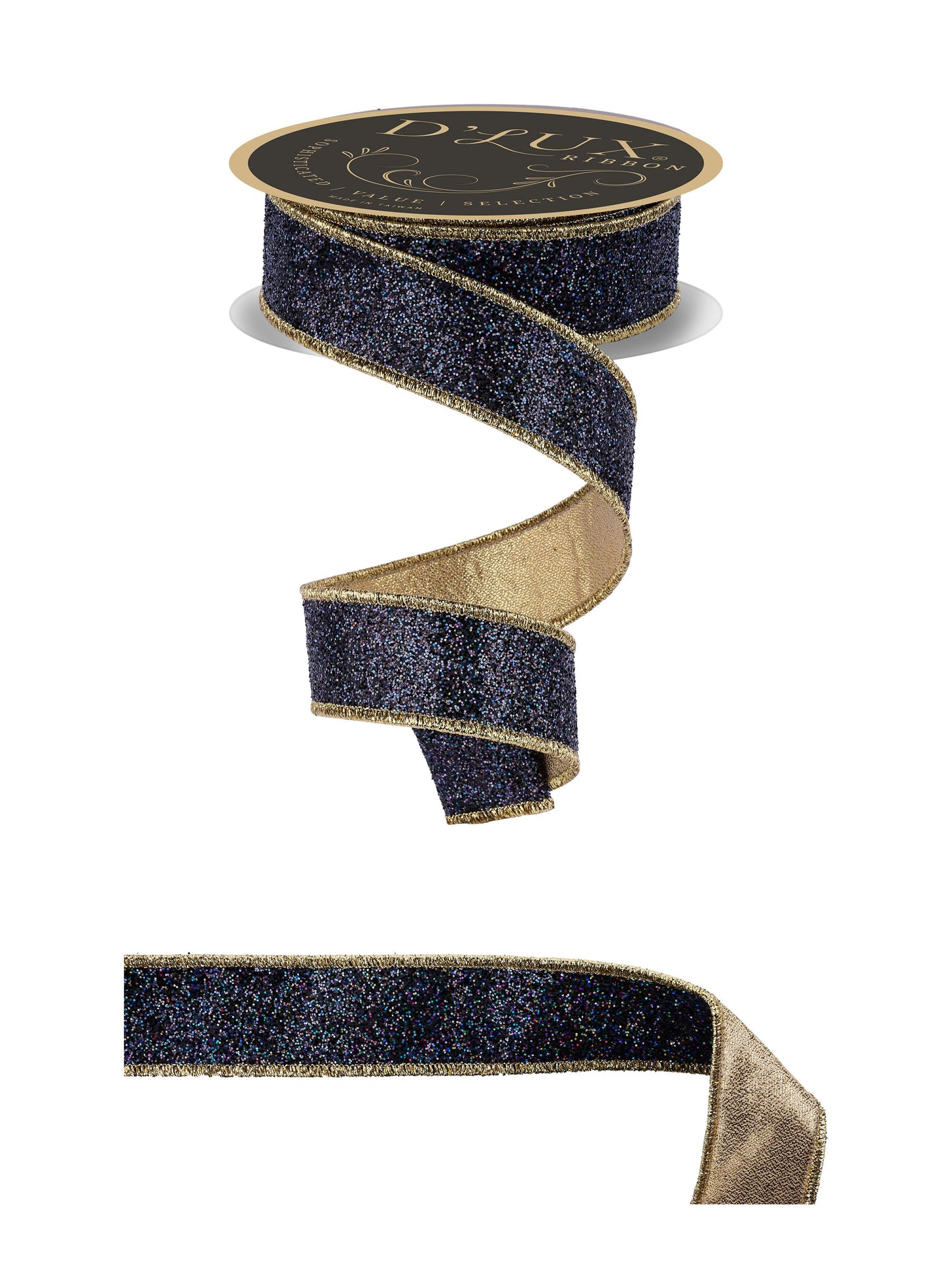 LX326786 | 1.5" | Laser Glitter/Fused | Black w/Gold Backing | 10yds