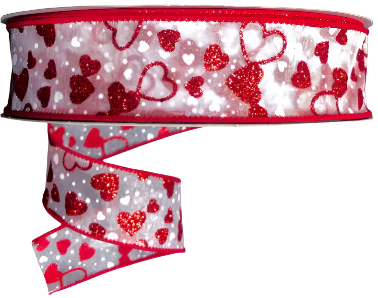 811-09-001 | 1.5" | WHITE SHEER/RED-WHITE SPRINKLE HEARTS | 50YD