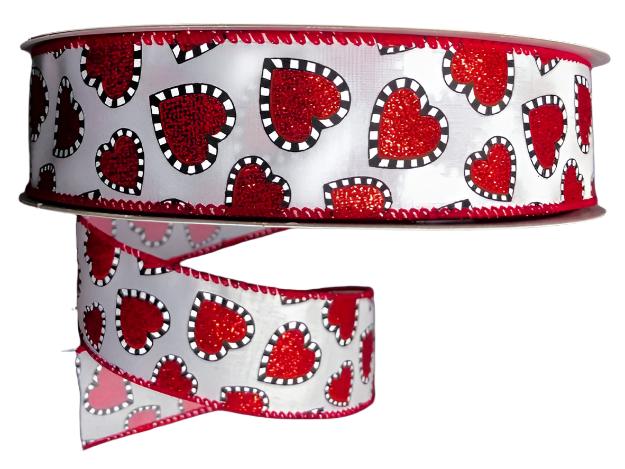 811-09-102 | 1.5" | WHITE SATIN W/WHITE-BLK DASH EDGE RED HEARTS | 50YD