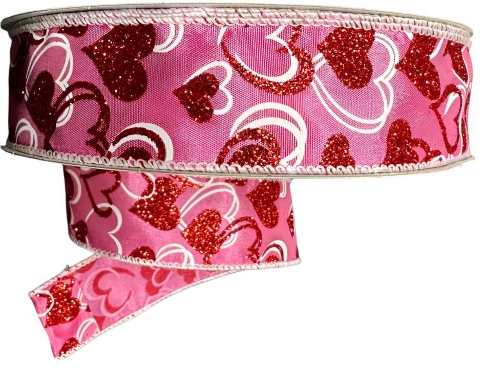 811-09-403 | 1.5" | DARK PINK SATIN W/ RED-WH GLITTER LISA HEARTS | 50YD