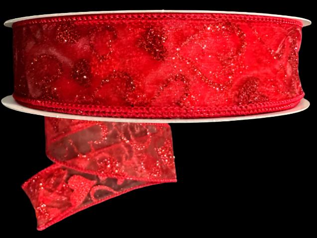 811-09-502 | 1.5" | RED | SHEER RED GLITTER JANE HEARTS | 50YD