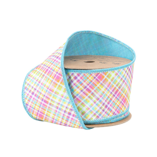 8222W-343-63E | 2.5" | Dupioni Bias Plaid Blue/Yellow w/Blue Taffeta Fused Back | 10yds