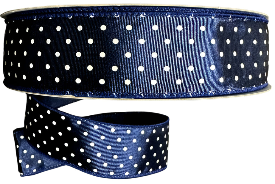 841-09-442 | 1.5" | NAVY RIBBON SATIN WHITE MICRODOTS | 50YD