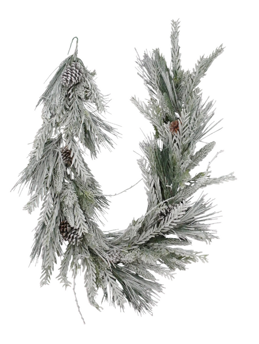 A&B Wholesale Market Inc 6ft mixed pine and pinecone garland with a frosted snowy finish for holiday decor
