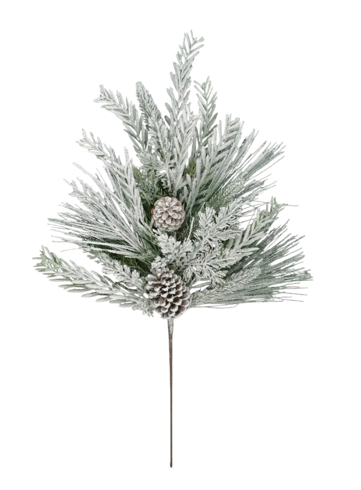 A&B Wholesale Market Inc 24-inch mixed pine artificial floral pick with frosted needles and two natural pinecones.