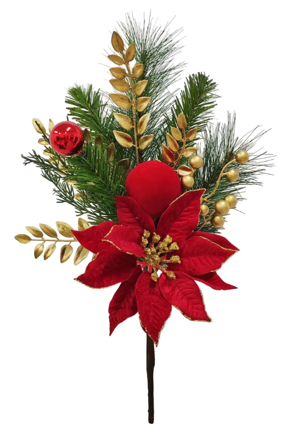 85390 | 16" | MIXED PINE POINSETTIA PICK | RED/GOLD