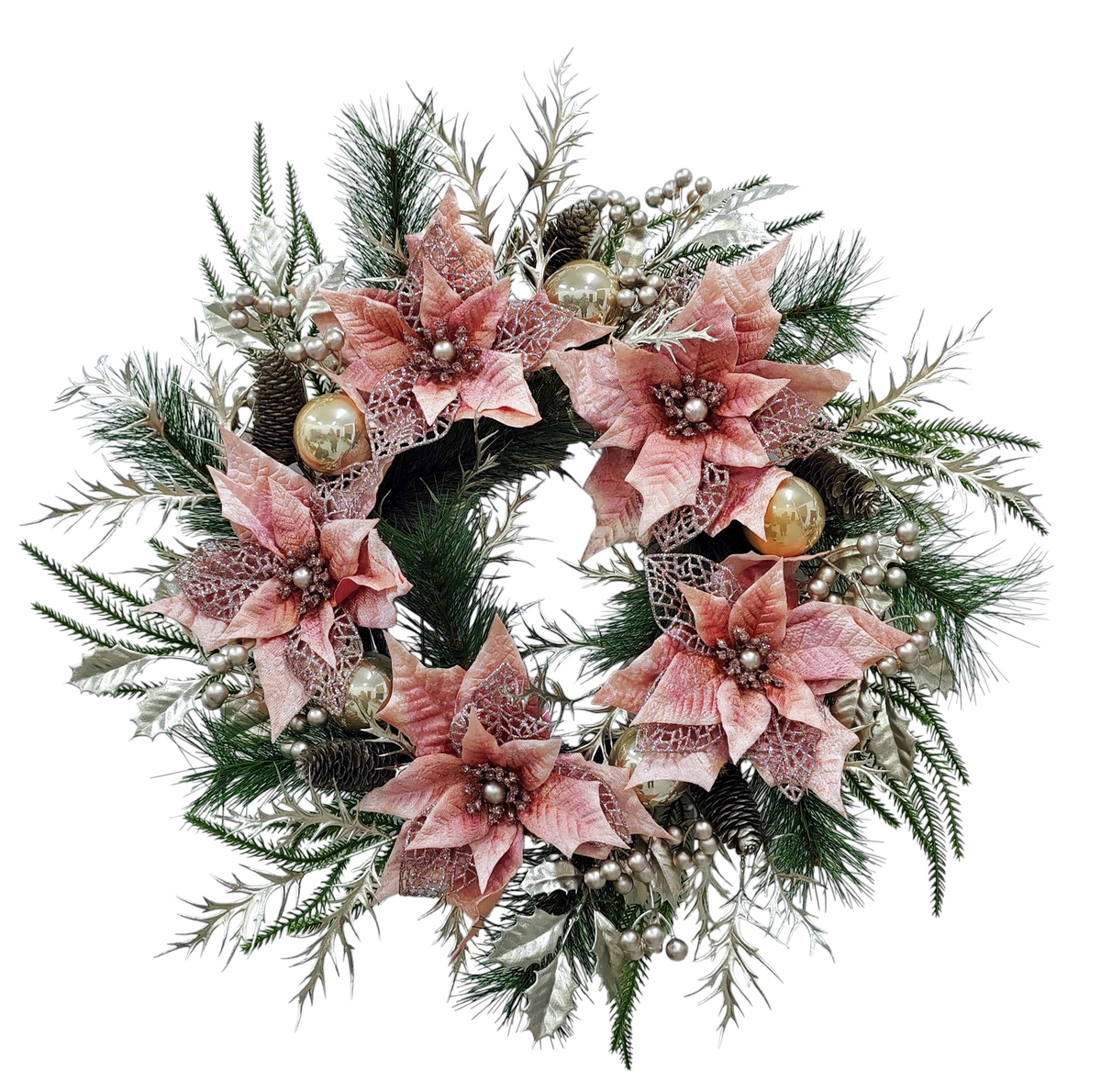 A&B Wholesale Market Inc 26-inch mixed pine Christmas wreath featuring pink poinsettias, champagne ornaments, and cones
