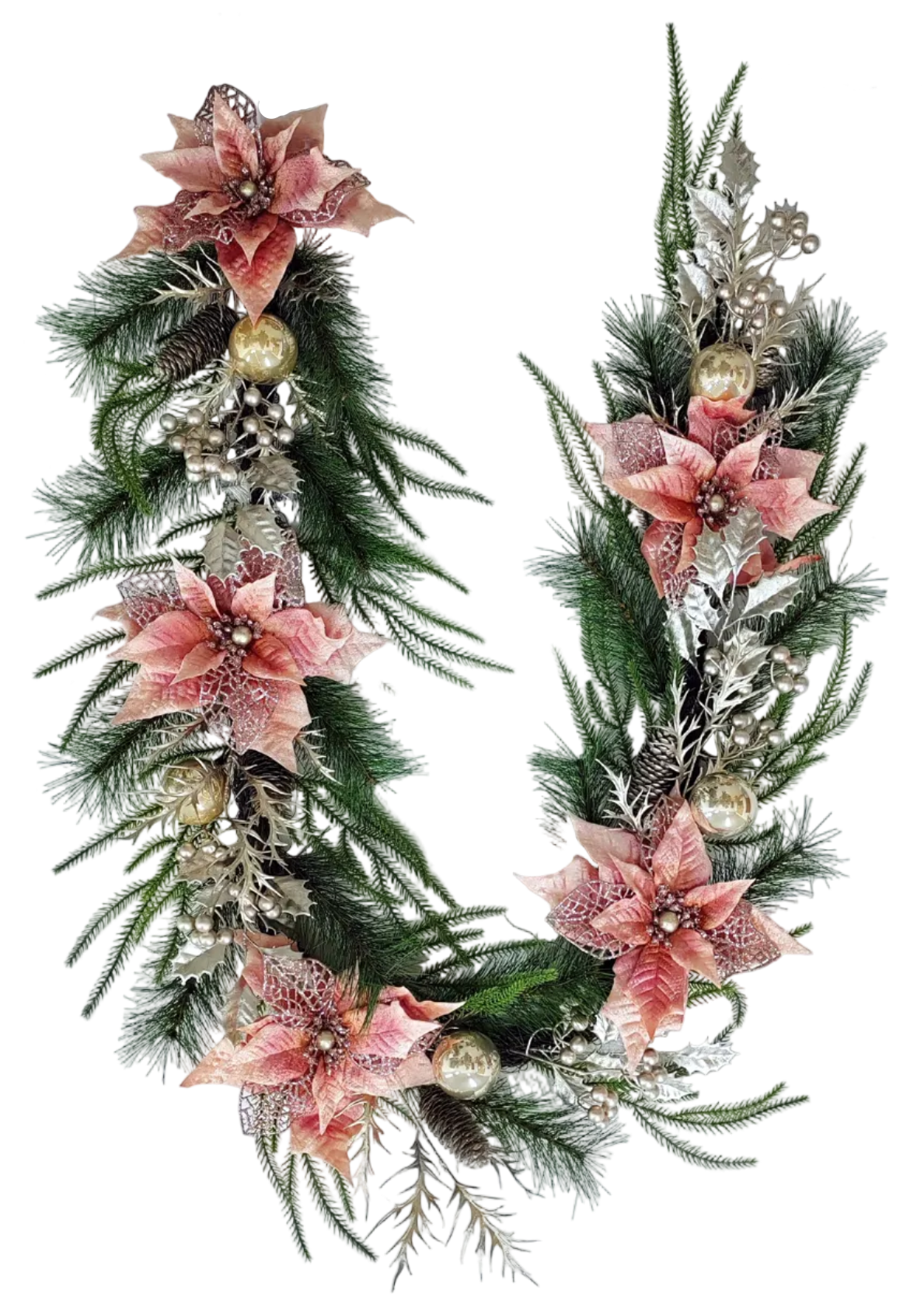 85392 | 6FT | MIXED PINE POINSETTIA GARLAND | PINK/CHAMPAGNE