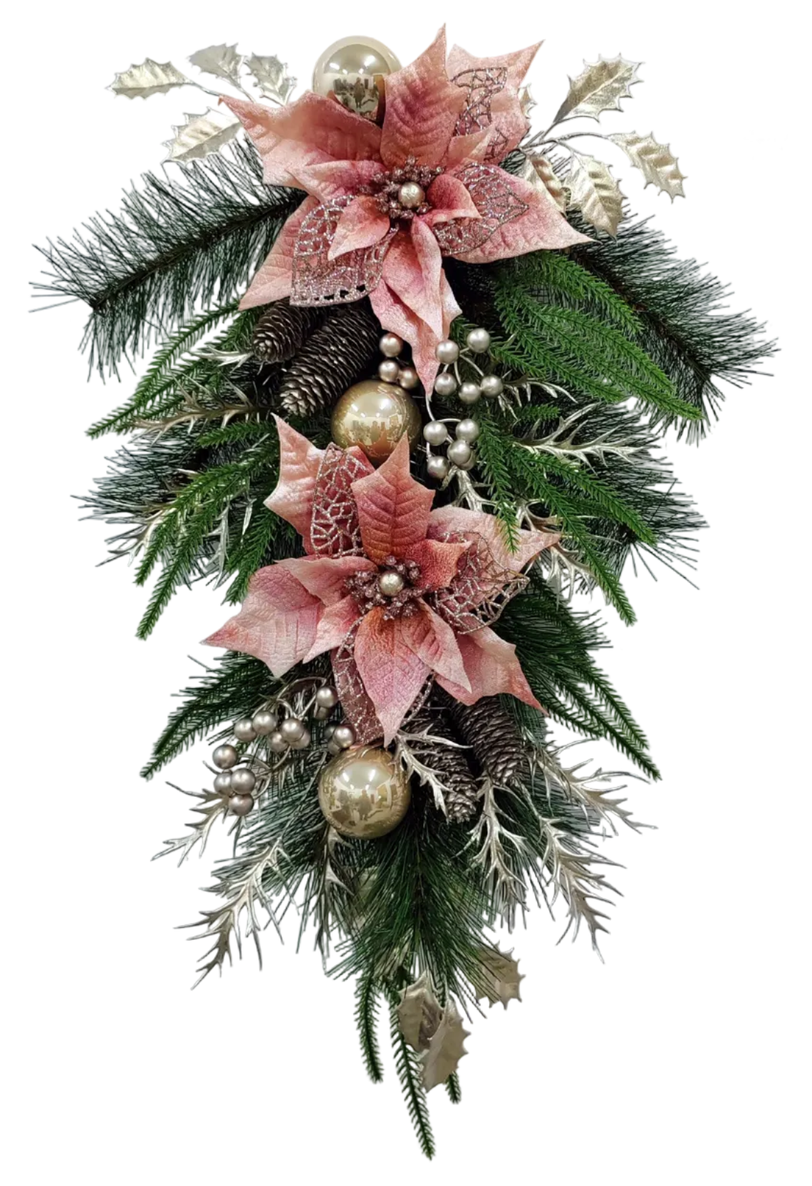 85393 | 28" | MIXED PINE POINSETTIA TEARDROP | PINK/CHAMPAGNE