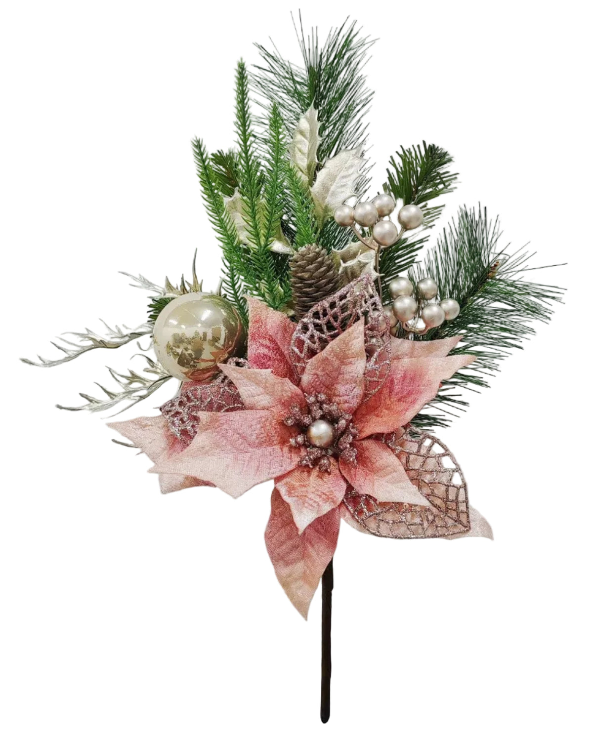 85395 | 17" | MIXED PINE POINSETTIA PICK | PINK/CHAMPAGNE