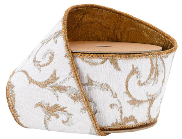 9116W-810-63E | 2.5" | Jacquard Ribbon | Metallic Scroll on Ivory w/Gold Metallic Dupioni-fused Backing | 10yds
