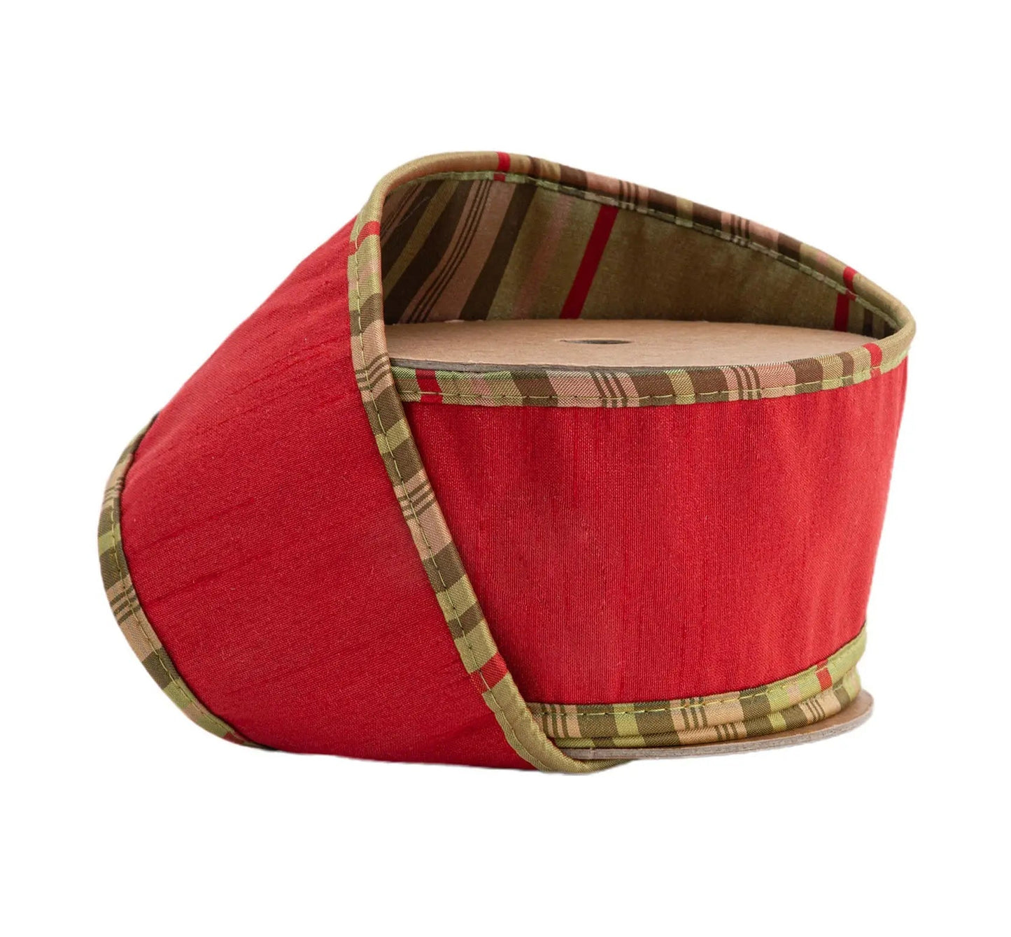 9122W-264-63E | 2.5" | Dupioni Ribbon | Red w/Moss Plaid Piping & Backing | 10yds