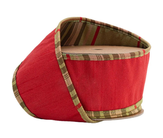 9122W-264-63E | 2.5" | Dupioni Ribbon | Red w/Moss Plaid Piping & Backing | 10yds