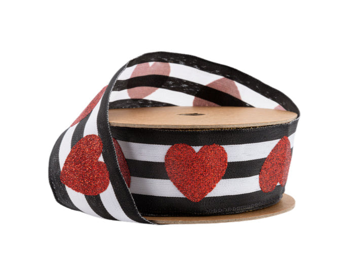 9217W-031-38E | 1.5" | Glitter Heart on Black/White Stripe | Wired Ribbon | 10 Yard