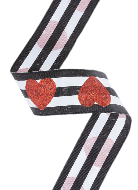 9217W-031-38E | 1.5" | Glitter Heart on Black/White Stripe | Wired Ribbon | 10 Yard