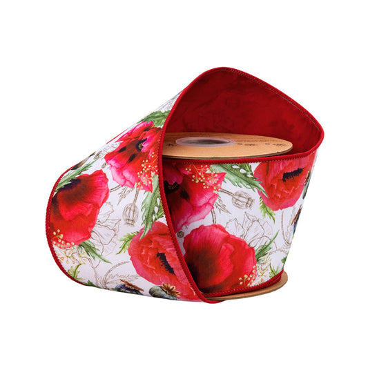 9336W-250-100E | 4" | Dupioni Poppies on White w/Red Backing | 10yds
