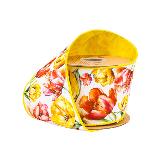 9349W-640-100E | 4" | Dupioni Tulips on White w/Yellow Backing | 10yds