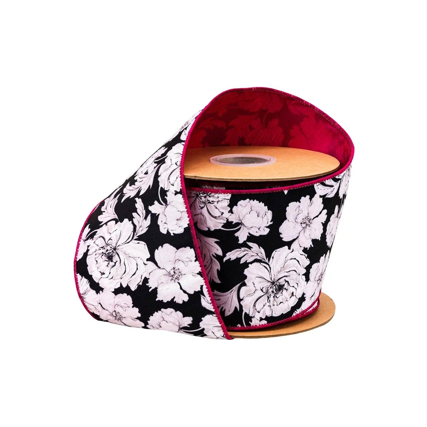 9392W-031-100E | 4" | Black/White Floral Dupioni w/Pink Backing | 10yds