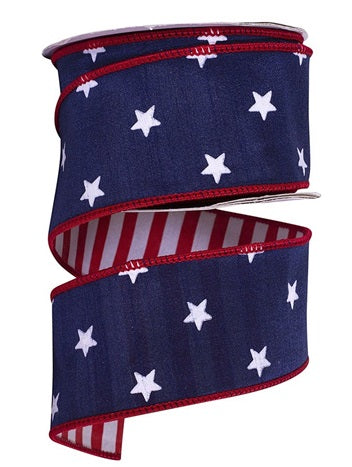 94149W-037-40F   Stars Dupioni Deluxe Striped Backing Wired Edge, Navy/red