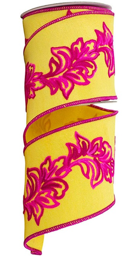 94315W-845-10D Filigree Emb Leaf Vine Dupioni Deluxe Wired Edge, Yellow/fuchsia