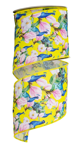 94342W-079-10F | Yellow | Peacock Floral Print | Wired Edge