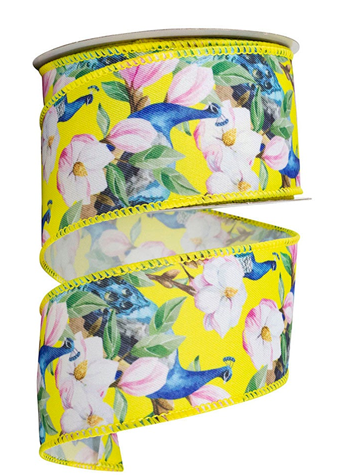 94342W-079-40F | Yellow | Peacock Floral Print | Wired Edge