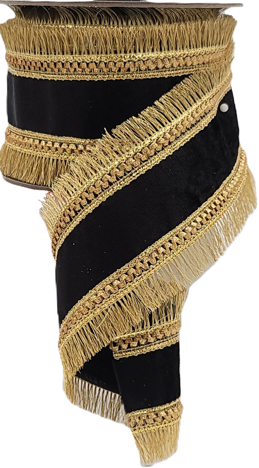 94414W-986-40D | 2.5" | Black/gold | Plush Velvet Regal Trim Fringe Deluxe Overlay Wired Edge