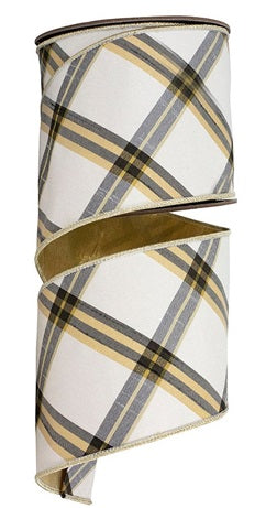 94416W-992-10D | 4" | Ivory/Gold | Diagonal Dupioni Deluxe Metallic Backed Wired Edge | 5YD