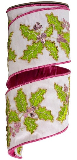 94421W-904-10D | 4" | Holly Leaves Embroidery Fashion Deluxe Metallic Backed Wired Edge | Hot Pink | 5yd