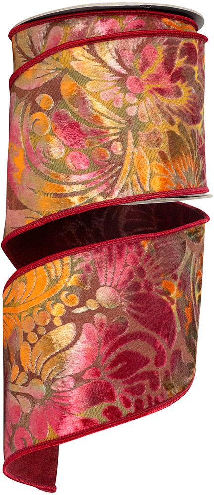 94542W-049-10F | 4" | RUST | GRAND FLORAL VELVET BURN OUT DELUXE DUPIONI BACKED | 10YD