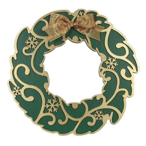 94922| Wood Laser Cut Christmas Wreath w/Snowflakes | Green/Gold