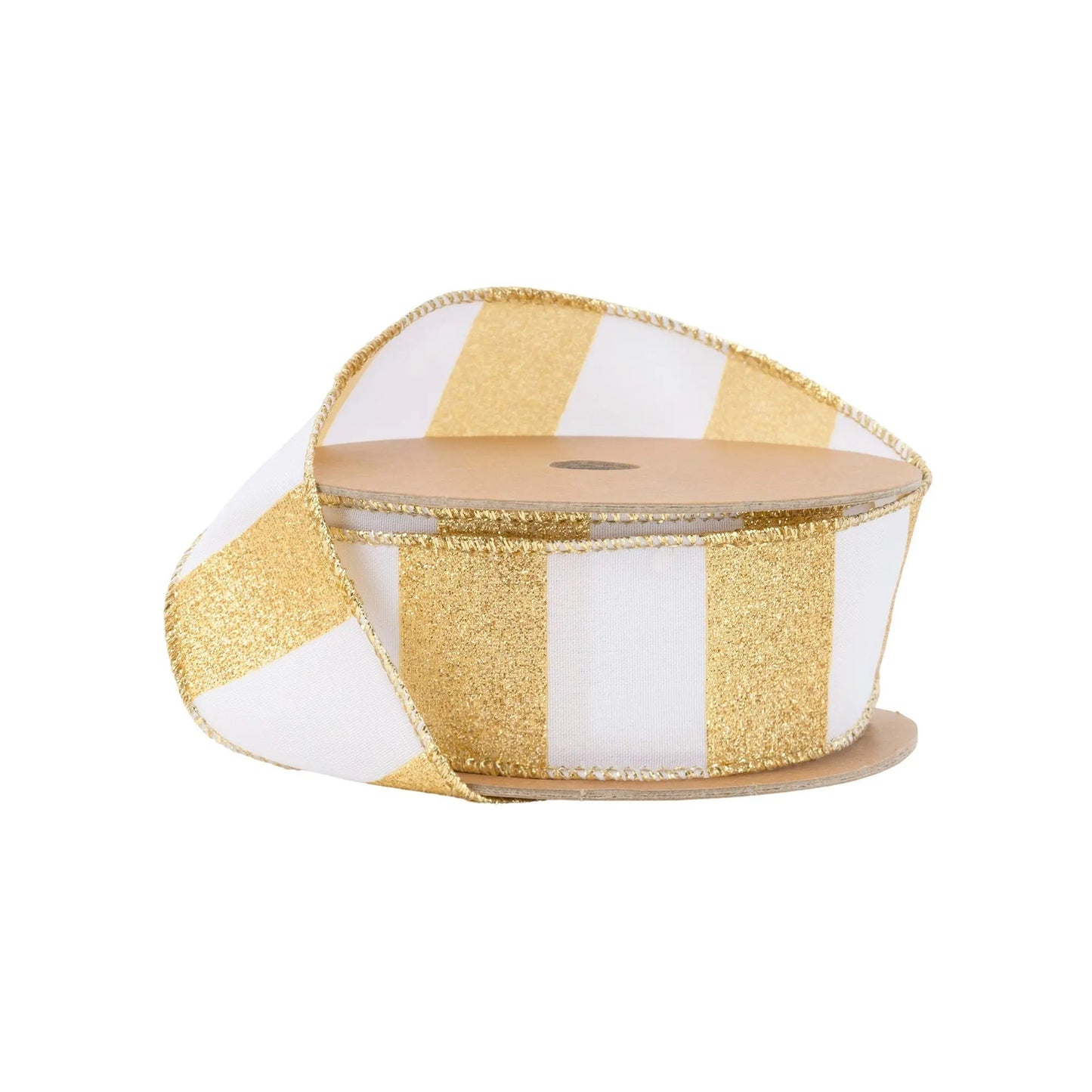 9642W-002-38E | 1.5" | HORIZONTAL GOLD GLITTER STRIPES ON WHITE | 10YDS